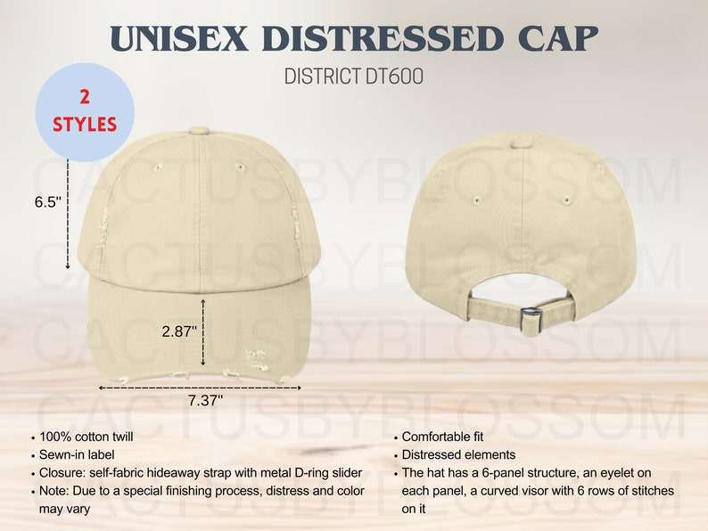 May include: A beige unisex distressed baseball cap with a curved visor and a self-fabric hideaway strap with a metal D-ring slider. The cap has a 6-panel structure with an eyelet on each panel. The cap measures 6.5 inches tall, 7.37 inches wide, and 2.87 inches deep.  "DISTRICT DT600" is printed on the cap.