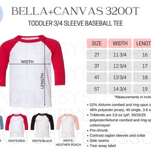 2 Tabla de tallas Tabla de colores Bella + Canvas 3200T Herramienta Etsy Tabla de tallas de camisetas de béisbol para niños pequeños maqueta talla 2T-5T Manga 3/4 Anuncio de Etsy nuevo vendedor