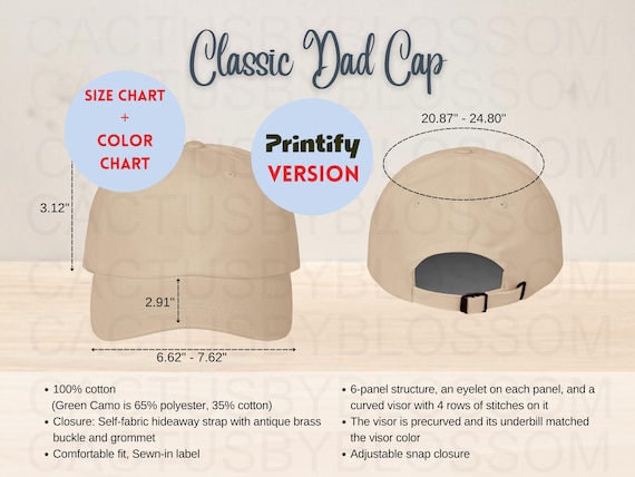 BUNDLE Size Chart Color Chart Classic Dad Cap Yupoong 6245CM mockup Size Chart Etsy mock up AOP Printify mock etsy listing POD Hat 11 colors
