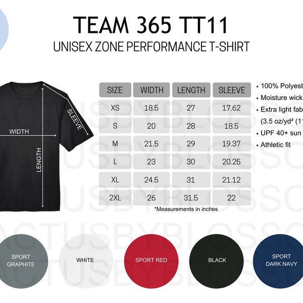 2 Size Chart Color Chart Team 365 TT11 mockup Etsy tools Unisex Zone Performance T-shirt Mockup Chart XS-2XL 5 colors mock up etsy Printify