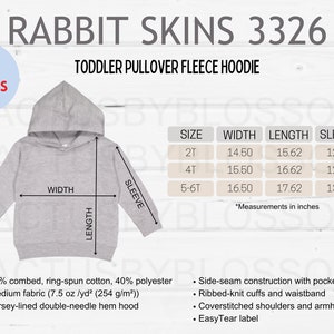 May include: Gray toddler pullover fleece hoodie with a hood. The hoodie has side seam pockets, ribbed knit cuffs and waistband, coverstitched shoulders and armholes, and an EasyTear label. Size chart shows measurements in inches for sizes 2T, 4T, and 5-6T.