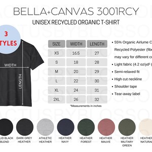 Tabla de tallas de 3 Bella + Canvas 3001RCY Camiseta unisex orgánica reciclada Tabla de colores Herramienta de listado de Etsy Maqueta Talla XS-2XL 8 colores Printify