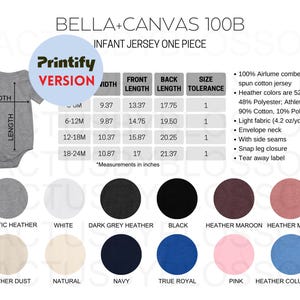 4 Tabla de tallas Tabla de colores Bella + Canvas 100B maqueta Mono de bebé de una pieza Mono de bebé de manga corta talla 3 M-24 M Mono para bebé Printify