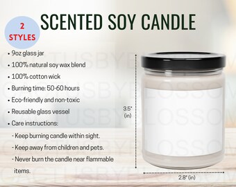 May include: A 9-ounce glass jar soy candle with a black lid. The candle is 3.5 inches tall and 2.8 inches wide. The candle is made with 100% natural soy wax blend, 100% cotton wick, and is eco-friendly and non-toxic. The candle has a burn time of 50-60 hours. Care instructions are included on the label.