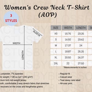 3 Size Chart Women&#39;s Crew Neck T-Shirt Mockup chart AOP All Over Print Size Chart Etsy Mockup Size XS-2XL Etsy New Seller mockup Printful
