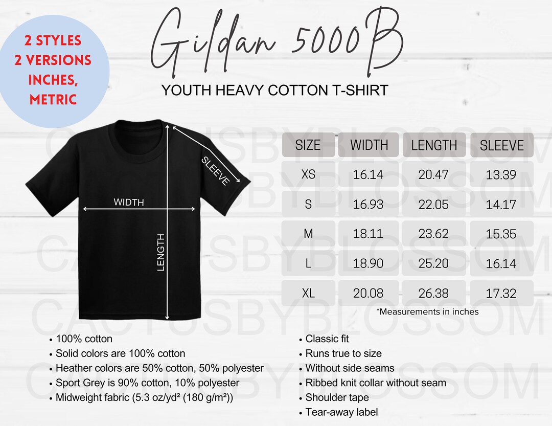 4 Size Chart Gildan 5000B Mockup Chart Youth Heavy Cotton T-shirt Size ...