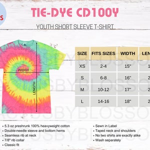 May include: Tie-dye youth short sleeve t-shirt in pink, yellow, and green. The shirt is a size CD100Y and has a size chart with measurements in inches. The shirt is made of 5.3 oz preshrunk 100% heavyweight cotton.