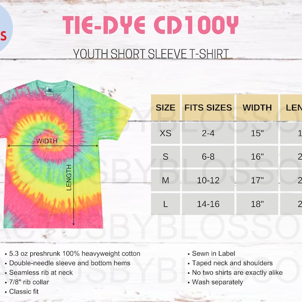 2 Size Chart Colortone Tie-Dye CD100Y mockup chart Etsy tool Youth Short Sleeve T-shirt size XS-L short sleeve Tie Dye for etsy new seller