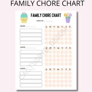 Puede incluir: Tabla de tareas familiares imprimible con una ilustración de cactus y flores. La tabla tiene espacios para tres nombres y un calendario semanal con círculos para cada día para marcar las tareas completadas.