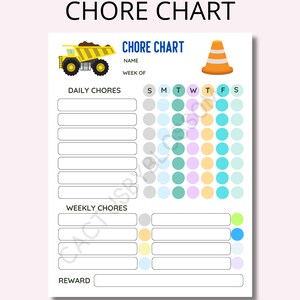 Puede incluir: Un cuadro de tareas imprimible para niños con un camión volquete amarillo y un cono de tráfico naranja. El cuadro incluye secciones para las tareas diarias, las tareas semanales y una recompensa. El cuadro está diseñado para una semana e incluye los días de la semana: domingo, lunes, martes, miércoles, jueves, viernes y sábado. El cuadro tiene un espacio para un nombre y la semana del mes.
