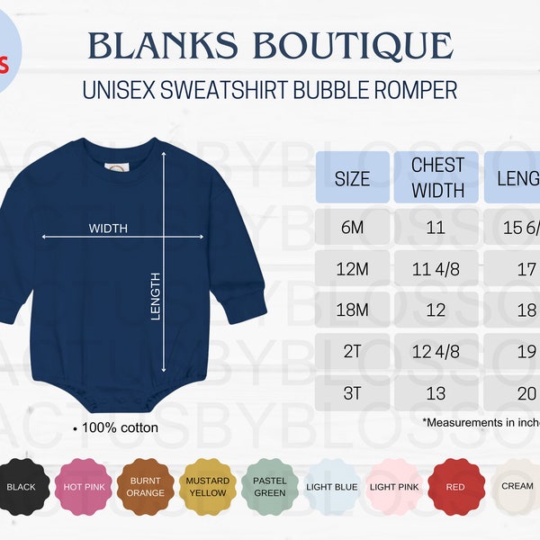2 Size Chart Blanks Boutique Romper mockup Etsy tool Unisex Sweatshirt Bubble Romper Etsy list size 6M-3T for Chart color 11 etsy new seller