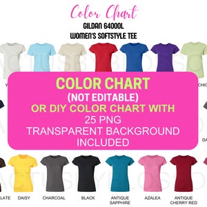 Tabla de colores Tabla de bricolaje Maqueta Gildan 64000L Herramienta Etsy Camiseta Softstyle para mujer Herramienta de listado de maquetas Etsy 25 Color frontal de camiseta Nuevo vendedor Printify