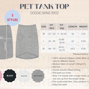 May include: A gray pet tank top with two armholes and a ribbed binding. The tank top is available in four colors: pink, black, white, and heather. The size chart shows the fit in inches and pounds for sizes M, L, and XL.