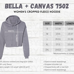 Size Chart Bella + Canvas 7502 mockup Etsy tool Cropped Fleece Hoodie Size Chart Etsy mockup S-2XL Women long sleeve etsy listing new seller