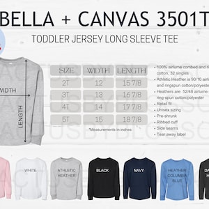 2 Tabla de tallas Bella + Canvas 3501T maqueta Etsy herramienta niño camiseta Tabla de colores Etsy maqueta camiseta talla 2T-5T manga larga listado nuevo vendedor