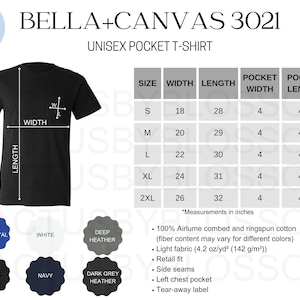 2 Tabla de tallas Bella + Canvas 3021 Etsy Camiseta unisex de bolsillo Tabla de colores Etsy Herramienta de listado Maqueta Talla S-2XL 6 colores Etsy Printify Nuevo vendedor