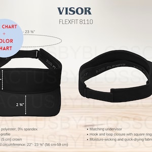 May include: Black visor with a hook and loop closure. The visor is made of 97% polyester and 3% spandex. It has a low profile and a 2 1/2 inch crown. The head circumference is 22 to 23 3/8 inches.