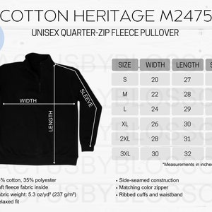 May include: Black quarter-zip fleece pullover with a size chart showing measurements in inches. The chart includes sizes S through 3XL with corresponding width, length, and sleeve measurements.