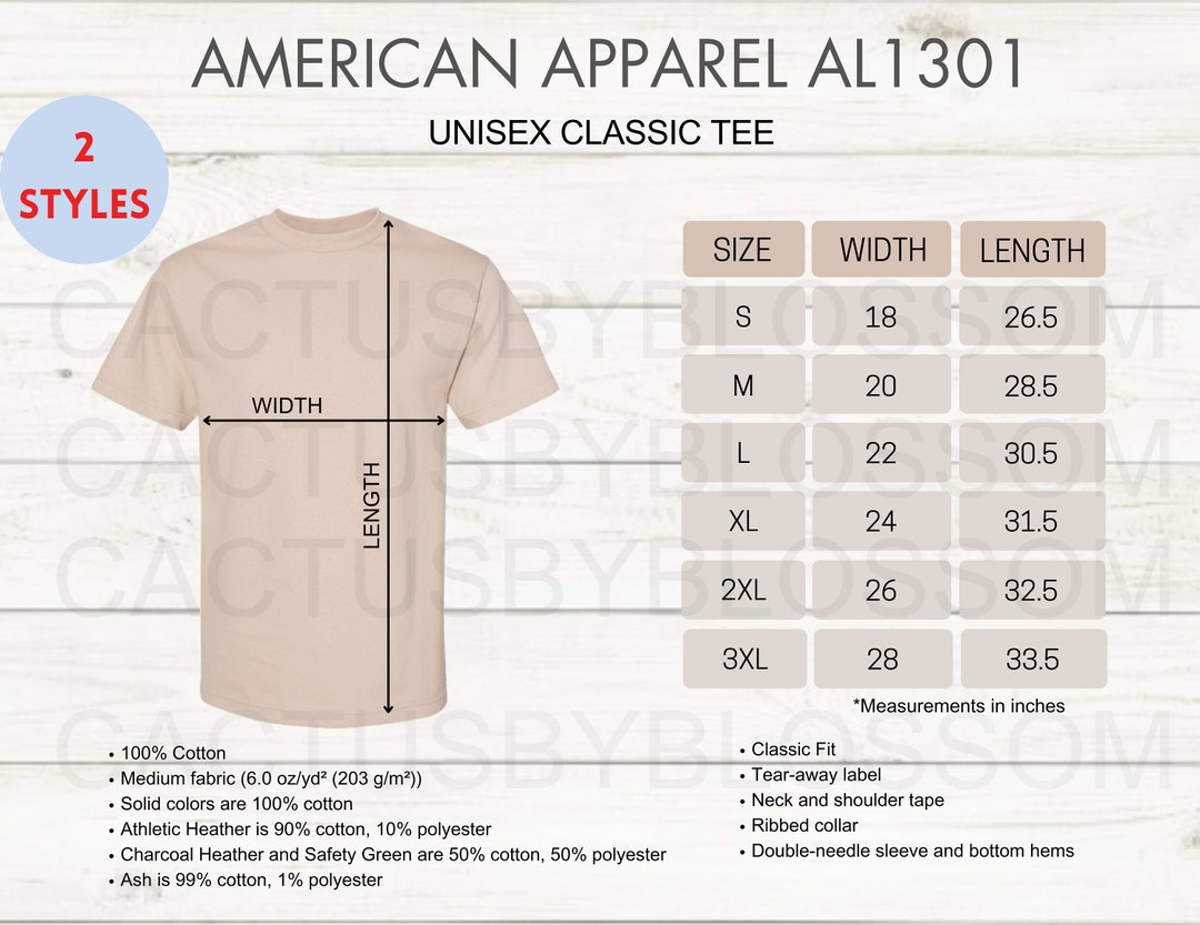 2 Size Chart American Apparel Alstyle AL1301 Mockup Chart Unisex