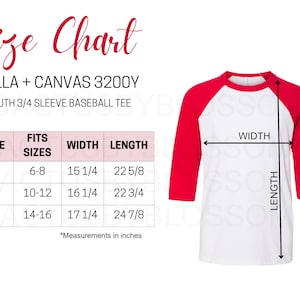 May include: Size chart for youth 3/4 sleeve baseball tee shirts from Bella + Canvas 3200Y. The chart shows sizes S, M, and L, with corresponding fits for ages 6-8, 10-12, and 14-16. Measurements are in inches, including width and length.