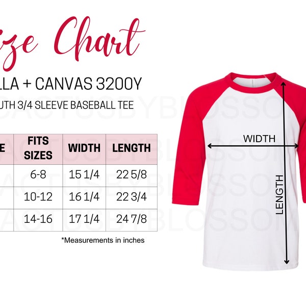 Size Chart Bella Canvas 3200Y mockup Etsy tool youth Baseball Tee Size Chart mock up T-Shirt size S-L 3/4 Sleeve Etsy listing new seller tee