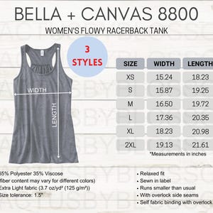3 Size Chart Bella + Canvas 8800 Mockup for Women Flowy RacerBack Size Chart Etsy Listing tool Mock up Size XS-2XL Etsy Mockup New Seller