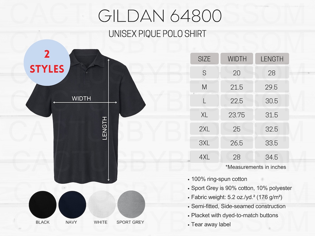 2 Size Chart Color Chart Gildan 64800 Unisex Pique Polo Shirt Etsy