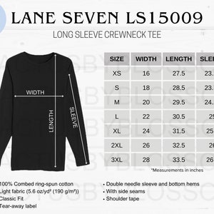 2 Size Chart Lane Seven LS15009 Mockup chart Long Sleeve Crewneck Tee Size Chart Etsy Listing Mockup Size XS-3XL Mockup New Seller printify