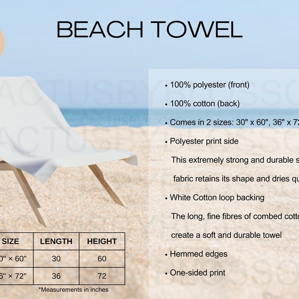 2 Size Chart Beach Towel mockup Sizing All-over-prints Etsy mockup Printify listing print on demand etsy new seller AOP POD Beach Towel Etsy