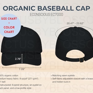 Może przedstawiać: Czarna czapka bejsbolówka wykonana w 100% z bawełny organicznej. Czapka ma 6-panelową konstrukcję z oczkiem na każdym panelu i niskim profilem. Czapka jest regulowana za pomocą zapięcia z tkaniny i suwaka z mosiądzu. Czapka ma 18 cm średnicy i 11 cm wysokości.
