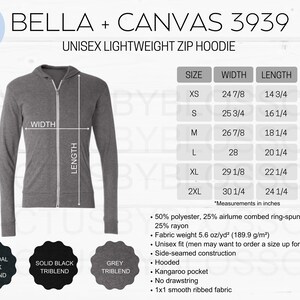 2 Tabla de tallas Bella + Canvas 3939 Maqueta Sudadera con capucha ligera unisex con cremallera Tabla de colores Herramienta de listado de Etsy Talla XS-2XL 3 colores Printful Nuevo vendedor