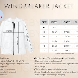 May include: White windbreaker jacket with a zipper closure and two pockets. The jacket has a hood and is made of 100% polyester. The size chart shows measurements in inches for XS, S, M, L, XL, and 2XL.