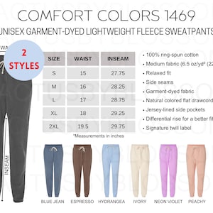 2 Size Chart Comfort Colors 1469 Mockup chart Unisex Garment-Dyed Leichtes Fleece Jogginghose Größe S-2XL Mockup Jogger Printstifte 7 Farben