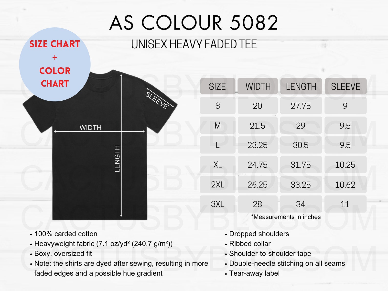 BUNDLE 2 Size Chart Color Chart AS COLOUR 5082 Unisex Heavy Faded Tee ...
