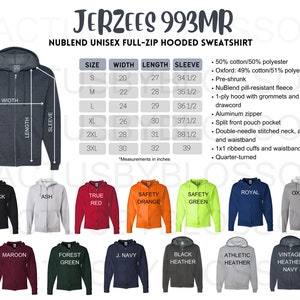 Size Chart Jerzees 993MR Mockup for Nublend Unisex FullZip Hooded Sweatshirt Color Chart for Etsy Listing tool Mock up Size S-3XL New Seller