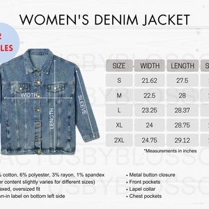 May include: A blue denim jacket with a button closure, front pockets, and chest pockets. The jacket is relaxed and oversized. The size chart shows measurements in inches for sizes S, M, L, XL, and 2XL.