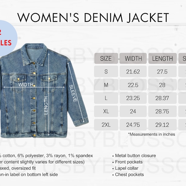 2 Size Chart Women's Denim Jacket (AOP) mockup Etsy tool Sizing S-2XL All-over-prints Chart Etsy mock up Printify POD listing new seller