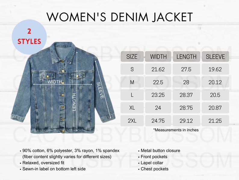 May include: A blue denim jacket with a button closure, front pockets, and chest pockets. The jacket is relaxed and oversized. The size chart shows measurements in inches for sizes S, M, L, XL, and 2XL.