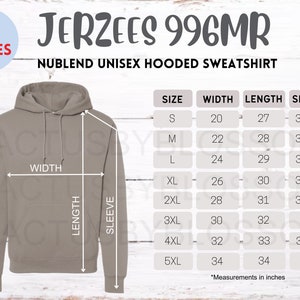 3 Size Chart Jerzees 996MR NuBlend mockup Etsy tools sweatshirt hooded Size Chart Etsy mock up S-5XL Unisex long sleeve mock etsy new seller