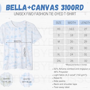 Tableau des tailles Bella + maquette de T-shirt couleur tie-dye unisexe FWD mode 3100RD maquette Etsy Taille XS-2XL Etsy Printify nouveau vendeur