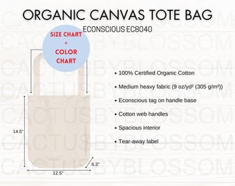 BUNDLE Size Chart Color Chart Organic Canvas Tote Bag Econscious EC8040 mockup Etsy tool Cotton Canvas Tote Bag Size Chart Etsy mock up