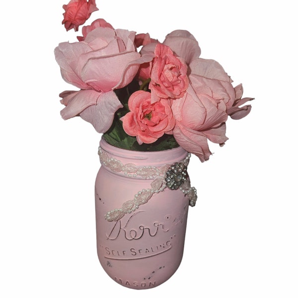 Vintage mason jar distressed painted light pink with flower bouquet shabby chic vase centerpiece decor