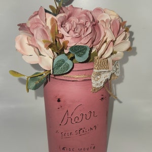 Vintage Mason Jar Painted Distessed Dusty Rose quart with flower bouquet vase centerpiece decor