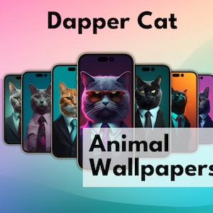 Op de afbeelding: Een collage van telefoonachtergronden met katten in pak. De tekst "Dapper Cat" en "Animal Wallpapers" staat op de afbeelding.