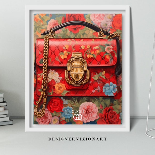 Designer Art, Valentines day, Red Gucci Flower Bag no.3, Luxury Fashion Poster, Digital Download, aesthetic designer art, home decor, g ift