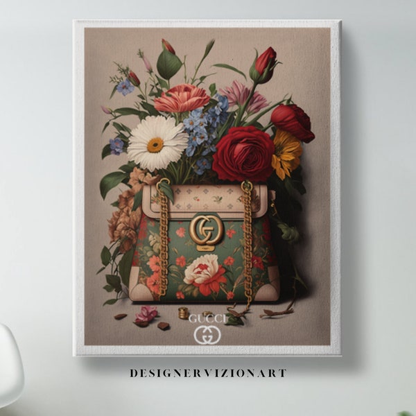 Designer Kunst, Gucci Flower Bag no.1, Luxus Fashion Poster, Digital Download, Ästhetische Designerwand, Kunst, Dekoration, Flower Art, Geschenk
