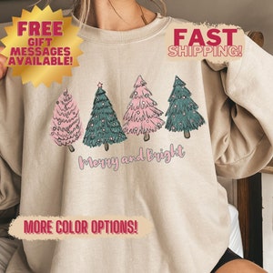 Merry & Bright Pink Christmas Trees Sweatshirt, Womens Holiday Sweater, Winter Shirt, Boho Christmas Tree Sweater, Womens Xmas Crewneck