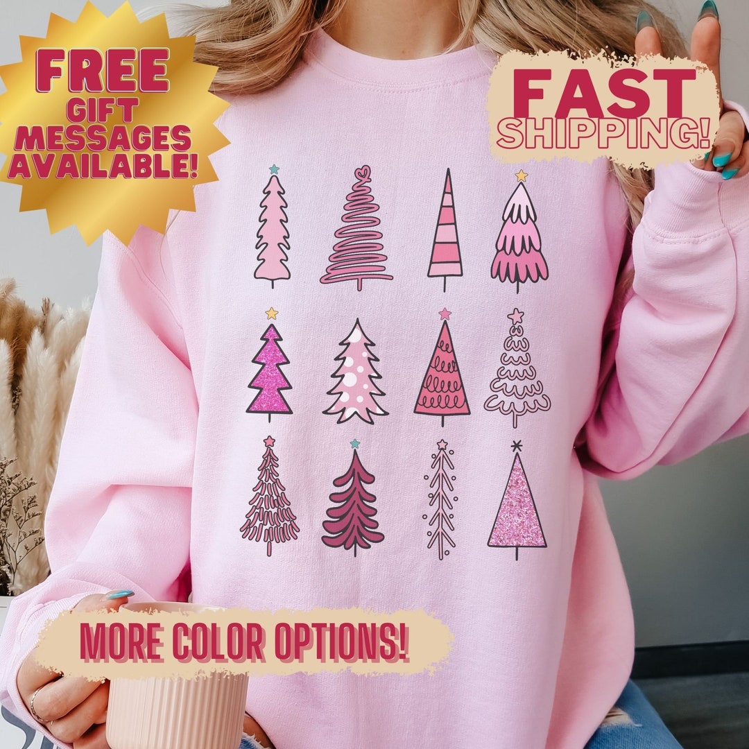Pink Christmas Tree Sweatshirt, Womens Christmas Sweater Christmas Tree