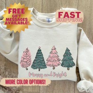 Merry & Bright Pink Christmas Trees Sweatshirt, Womens Holiday Sweater, Winter Shirt, Boho Christmas Tree Sweater, Womens Xmas Crewneck