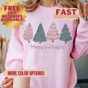 Merry & Bright Pink Christmas Trees Sweatshirt, Womens Holiday Sweater, Winter Shirt, Boho Christmas Tree Sweater, Womens Xmas Crewneck